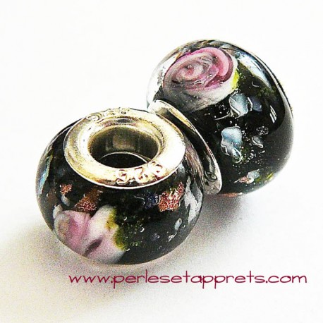 Perle en verre gros trou noir rose 14mm